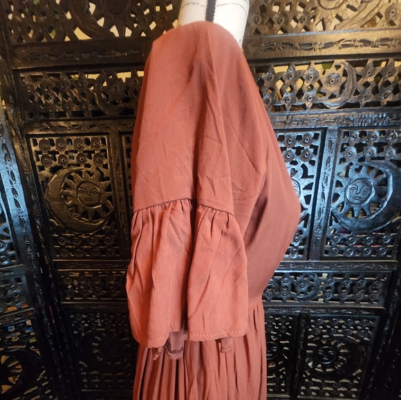 V Neck Midi Summer Bojo Brick Red Dress - Picture 3 of 4